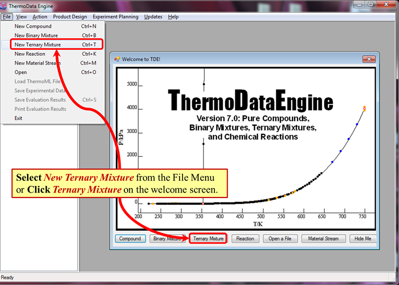 Click New Ternary mixture in the file menu or the welcome screen, or push control + T to start a new ternary mixture